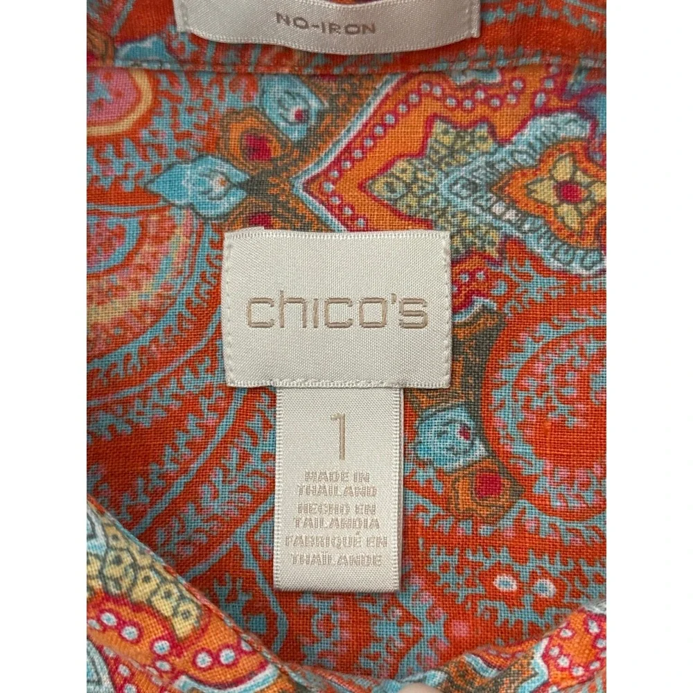 Chicos No Iron Linen Paisley Button Down Shirt Orange Blue Size 1 Medium